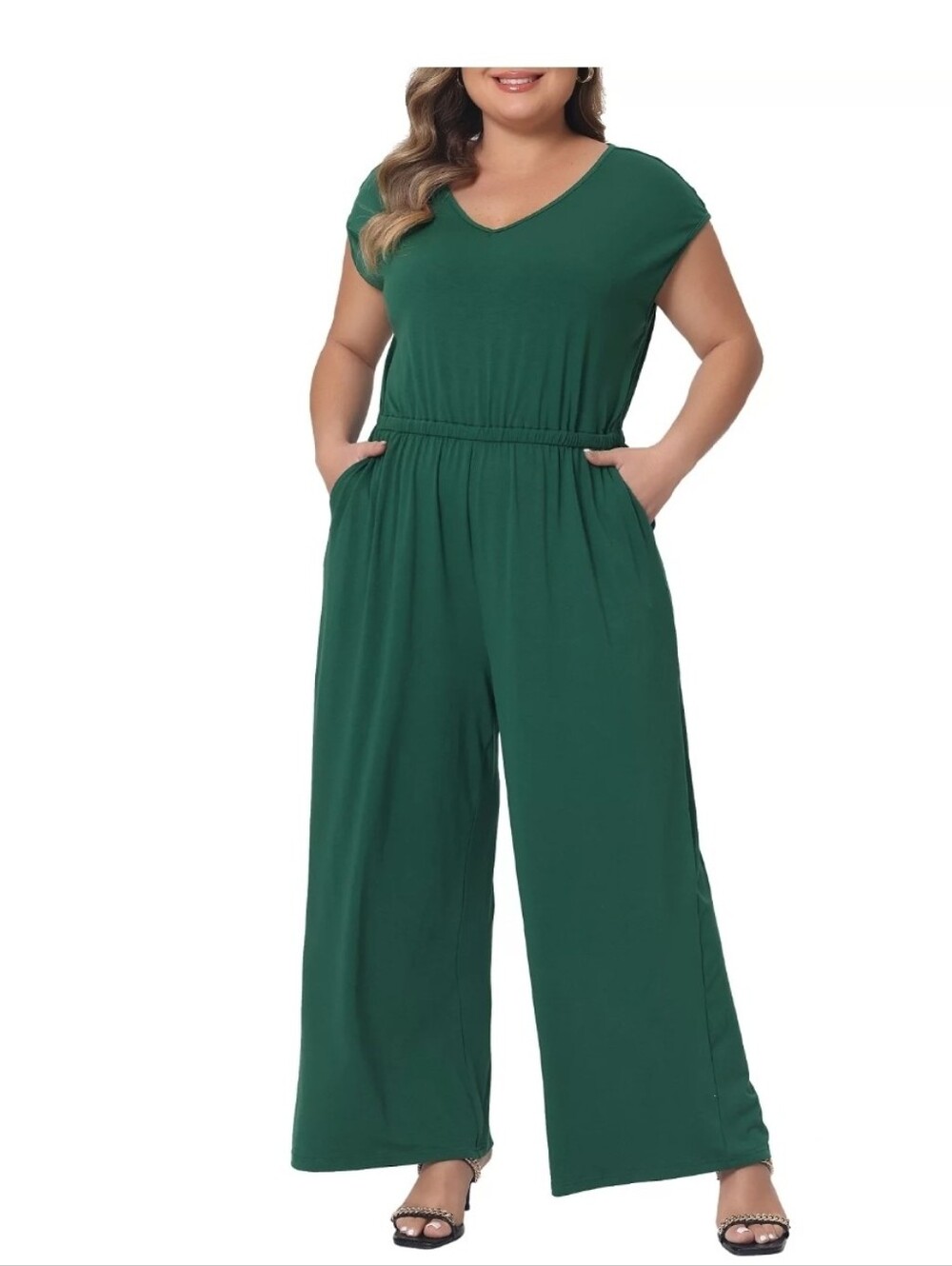 Agnes Orinda Plus Size Overall Rompers For Women V Neck Wide Legs Pants Sleevele